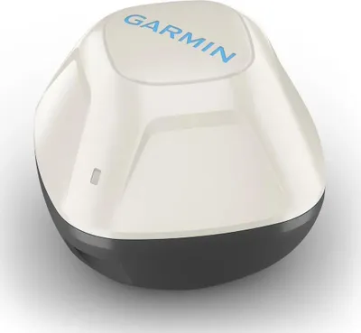 A white and gray Garmin Striker Cast device is shown against a white background.