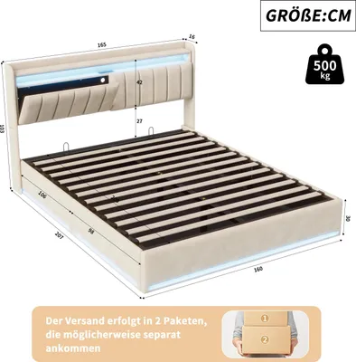 Produktbild von Bett - Polster-Doppelbett - 160×200 cm - Samtbezug - Stauraum - Holzrahmen - Gepolstertes Kopfteil - Beige