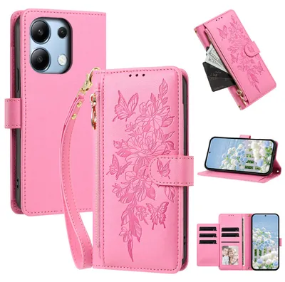 Image de Étui pour Xiaomi Redmi Note 13 4G, en cuir PU, type portefeuille, avec compartiments, support pour cartes et boucle. Couleur : rose