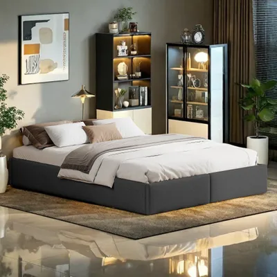 Obrázok produktu pre UnboxG Čalúnená posteľ, dvojposteľ 140 x 200 cm, čalúnená posteľ s úložným priestorom a 2 zásuvkami, posteľ s úložným priestorom a hydraulickým zdvihom, rám dvojposteľovej postele s roštom a úložným priestorom, ľanová farba, sivá