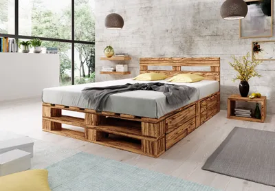 Produktbild von Lermowood Palettenbett M2 160 x 200 cm mit Kopfteil und 2 Bettkästen Geflammt Holzbett Massivholzbett Bett aus Paletten Seniorenbett Kinderbett Jugendbett