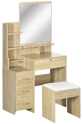 Image de Table de maquillage - Table de coiffure - Rangement à bijoux - Coiffeuse de maquillage - Bois naturel - Grand miroir