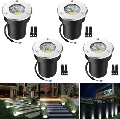 A collage of product shots and lifestyle images showing LED ground lights installed in various outdoor settings.