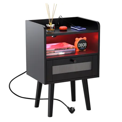 Image de Table de nuit Table de nuit avec éclairage LED avec 1 tiroir 30x40x60cm noir