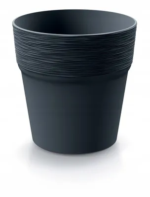 A dark gray plant pot is shown against a white background.