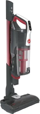 A red and black cordless vacuum cleaner on a white background.