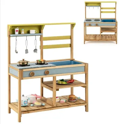 Imagen del producto de Cocina de juguete para exteriores, cocina infantil con lavabo, fregadero, hornilla, cocina de madera, cocina de juguete con 3 ganchos y estantes, cocina de madera para jardín, ideal para niños a partir de 3 años (color natural)