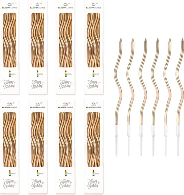 Image de 48 bougies d'anniversaire, champagne, or, bougies en métal doré en spirale, longues bougies fines pour gâteaux avec supports