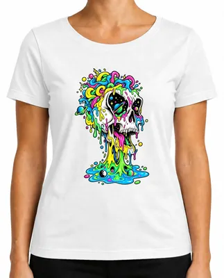 Produktbild von Psychedelischer Totenkopf Bunt Schmelzend Space Galaxie Skull Drip Damen T-Shirt, Weiß, S