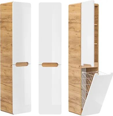 Produktbild von Badmöbel Hochschrank mit Wäschekorb LUTON-56 Wotan Eiche Nb. mit Hochglanz weiß, B/H/T ca. 35 x 170 x 35cm