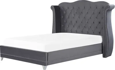 Obrázek produktu pro BELIANI Postel šedá sametové čalounění 160 x 200 cm lamelová základna vysoké čelo s všívanými knoflíky kovové cvočky ložnice