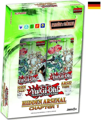 A product box for Yu-Gi-Oh! trading cards, specifically the Hidden Arsenal - Chapter 1 set, with German text and a German flag.