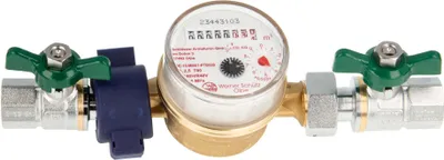 Produktbild von Einstrahlzähler ETK Kombi-Set (Warmwasser) bis 90 Grad Länge 110 mm, inkl. Kugelhähne grün 1/2 Zoll, Plombierschelle