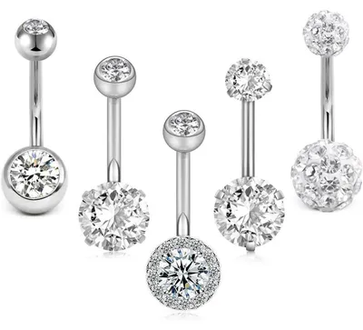 Zdjęcie produktu dla Zestaw kolczyków do piercingu pępka, 5 sztuk, stal chirurgiczna 14G, srebrny, różowe złoto, kryształki