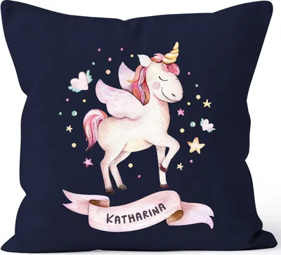 Produktbild von Kissen-Bezug Einhorn mit Namen Kissen-Hülle Namenskissen Baumwolle personalisierte Geschenke Dekokissen SpecialMe® navy unisize