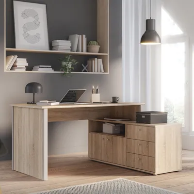 Produktbild von Forte TEMPRA 2 Schreibtisch 120, moderner Schreibtisch in L-Form mit Regal, 2 Türen, 3 Schubladen, Holzwerkstoff, Sonoma Eiche Holzdekor/Grau, 120,6 cm breit x 74,9 cm hoch x 151,4 cm tief