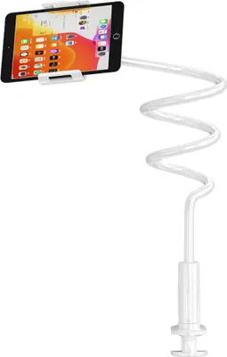 Image de Support de téléphone portable à col de cygne extra-long pour le salon au lit, Support de table flexible à col de cygne avec bras long, support de serrage de téléphone au-dessus de la tête pour les appareils jusqu'à 7 pouces (Blanc,75CM)