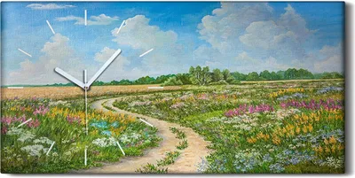 Produktbild von Dekor Leinwand Uhr Wandbilder 60x30 Malerei Wiese Blumen Bäume Himmel Wolken - weiße Hände
