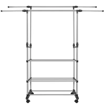 Produktbild von Kleiderständer Doppelstange auf Rollen,Metall Wäscheständer Garderobe Garderobenständer 78x42x(70-150)cm