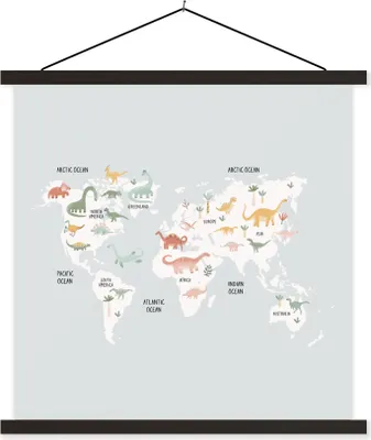 Produktbild von MuchoWow® Textilposter Karte - Kind - Dino 120x120 cm mit schwarzem Rahmen - Aufhängungsset