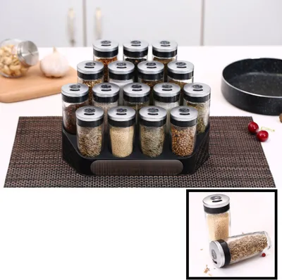 Produktbild von Gewürzregal mit 16 Gewürzgläsern Streudeckel aus Edelstahl - Stehendes Kräuter & Gewürzregal für Gewürze und Kräuter - Set mit 16 gläsernen Gewürzgefäßen - Küche Kräuterhalter - Decopatent
