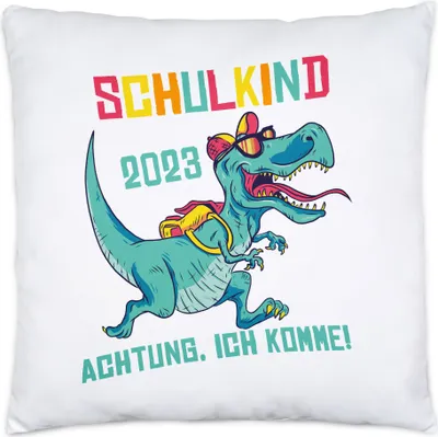 Produktbild von Schulkind 2023 Achtung Ich Komme Kissen Inkl. Füllung Einschulungsgeschenk T-Rex Dinosaurier Fans 1. Klasse