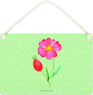 Produktbild von Mr. & Mrs. Panda Schild Blume Hagebutte DIN A4 - Blattgrün - Geschenk, Türschild, Lebensfreude, Wandbild Holz, holzbild, wandtafel, Schlechte Gedanken, Holzschild, Garten
