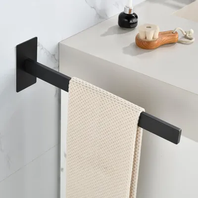 Image de Porte-serviettes noir sans perçage, barre de serviette en acier inoxydable, porte-serviettes de salle de bain autocollant, à un bras, pour la salle de bain et la cuisine