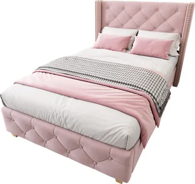 Produktbild von okwish Polsterbett Jugendbett 90×200cm Einzelbett mit Lattenrost und Kopfteil,Knopfpolsterung, Nietenpolsterung,aus Samt, Rosa-ohne Matratze