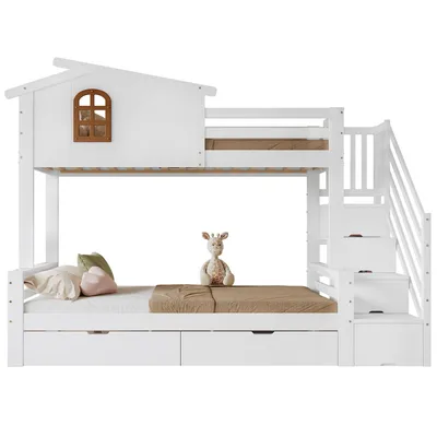 Produktbild von Etagenbett mit 2 Liegeflächen und Lattenrost, 90x200cm/120x200cm, Kinderbett mit Treppe und Rausfallschutz
