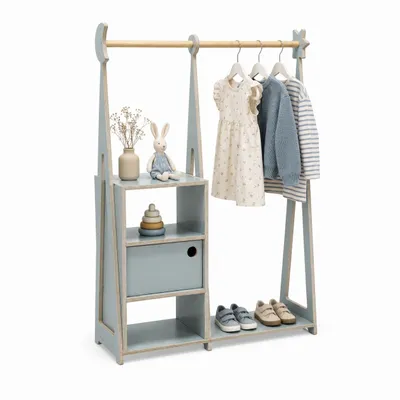 Produktbild von Kinder Kleiderständer mit Kleiderstange und Stauraum, Montessori Kindergarderobe, Grau - leg&go, KI-generiertes Bild