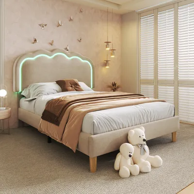 A bedroom scene with a bed, bedside table, and blinds.