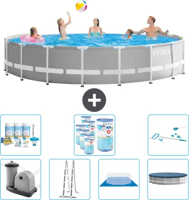 Produktbild von Intex Round Prism Frame Swimming Pool – 548 x 122 cm – Grau – inklusive Pumpe – Leiter – Bodenplane – Abdeckung Wartungspaket - Filter - Reinigungskit