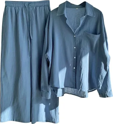Produktbild von ASKSA Damen Hosenanzug Musselin Bluse Zweiteiler Sommer Langarmshirt Weites Bein Hose Loungewear, Blau, Groesse: XL