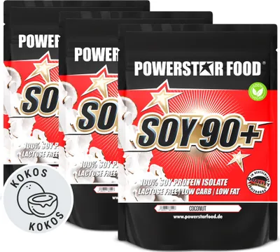 Produktbild von Powerstar SOY 90+ | 3x1kg Soja-Protein-Isolat | Gentechnisch unverändert & GMO-frei | Veganes Eiweiß-Pulver zum Muskelaufbau | Coconut