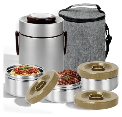 Produktbild von 3-lagige isolierte Edelstahl-Lunchbox, 2,0L Vakuum-Isolierter Lebensmittelbehälter für warme und kalte Speisen, auslaufsicherer Thermo-Essenbehälter für Schule, Büro und Picknick
