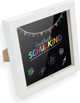 Produktbild von itenga Bilderrahmen Spardose Geldgeschenk Endlich Schulkind Schwarz Schulanfang
