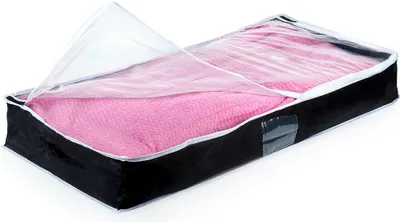 A pink blanket inside a black storage bag with a clear lid.