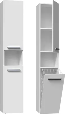 Two views of a white tall bathroom cabinet.