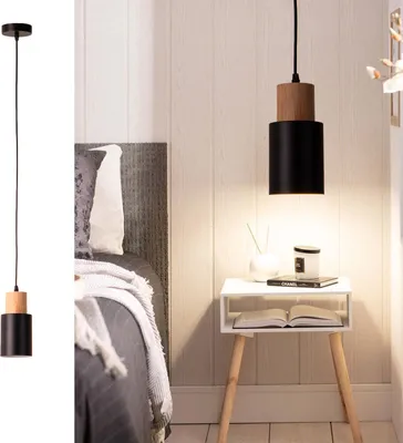Produktbild von "KIRA" Pendelleuchte aus schwarzem Metall und Holz – skandinavischer und moderner Stil E27
