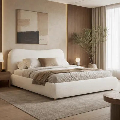 Imagen del producto de Cama tapizada de 180x200 con colchón, cajón de almacenamiento, cabecero acolchado, cama doble con somier, cama juvenil de tejido boucle, color beige