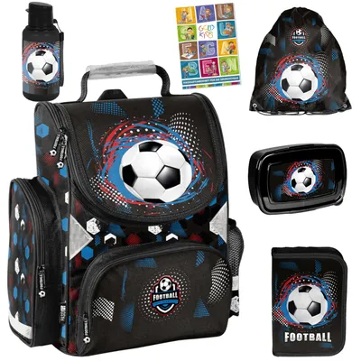 Produktbild von Schulranzen für Jungen und Mädchen, 6er-Set - Schul-Rucksack für Kinder mit Federmäppchen - Schuhbeutel Trinkflasche und Brotdose - Ball Motiv