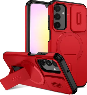Obrázek produktu pro Magnetické pouzdro pro Samsung Galaxy A25, dvouvrstvé odolné pouzdro s posuvnou ochranou fotoaparátu a nastavitelným stojánkem Červená