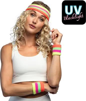 Produktbild von Schweißbänder Neon UV – 3er Set Stirnband & Armbänder für 80er Party & Sport
