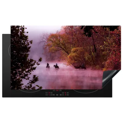 Produktbild von KitchenYeah© Herdabdeckplatte Pferde - Nebel - Wald , 90x52cm, Küche Deko, Glaskeramikkochfeld Herdabdeckung, Abdeckplatte fùr Kochfeld