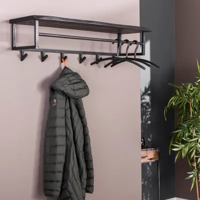 Produktbild von Hoyz - Garderobe Yucon - 6 Haken - Hutablage - Massives Akazienholz - Schwarz - 100x30x27