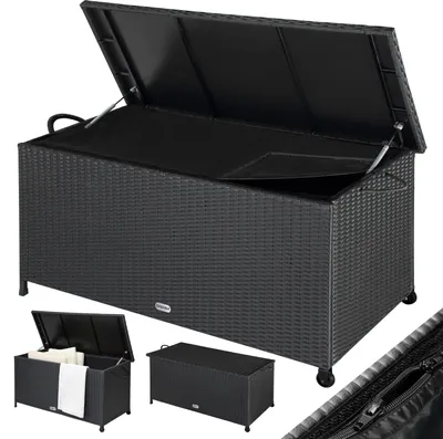 Image de CASARIA® Coffre de jardin XXL Noir - Malle de rangement en Polyrotin avec roulettes 270 L, étanche avec Vérin à gaz 117x53x60 cm pour Jardin, Balcon ou Terrasse