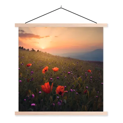 Produktbild von MuchoWow® Textilposter Blumenfeld - Gras - Pflanzen - Sonnenuntergang - Orange 120x120 cm mit holzfarbenen Rahmen - Textil-Poster