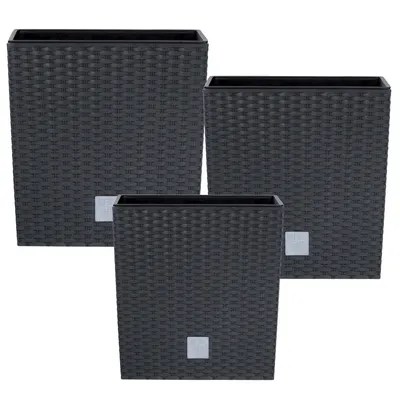 Three dark grey, woven-look planters of varying heights arranged in a staggered formation against a white background.