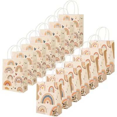Productafbeelding van 14 cadeautassen, kleurrijke papieren tassen met handvat, in boho-stijl, afmetingen 21 x 16 x 8 cm